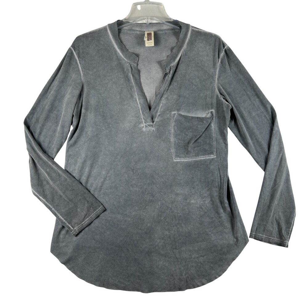 Freeloader Shirt Womens Large Gray Velour V-Neck Long Sleeve Tunic Top USA